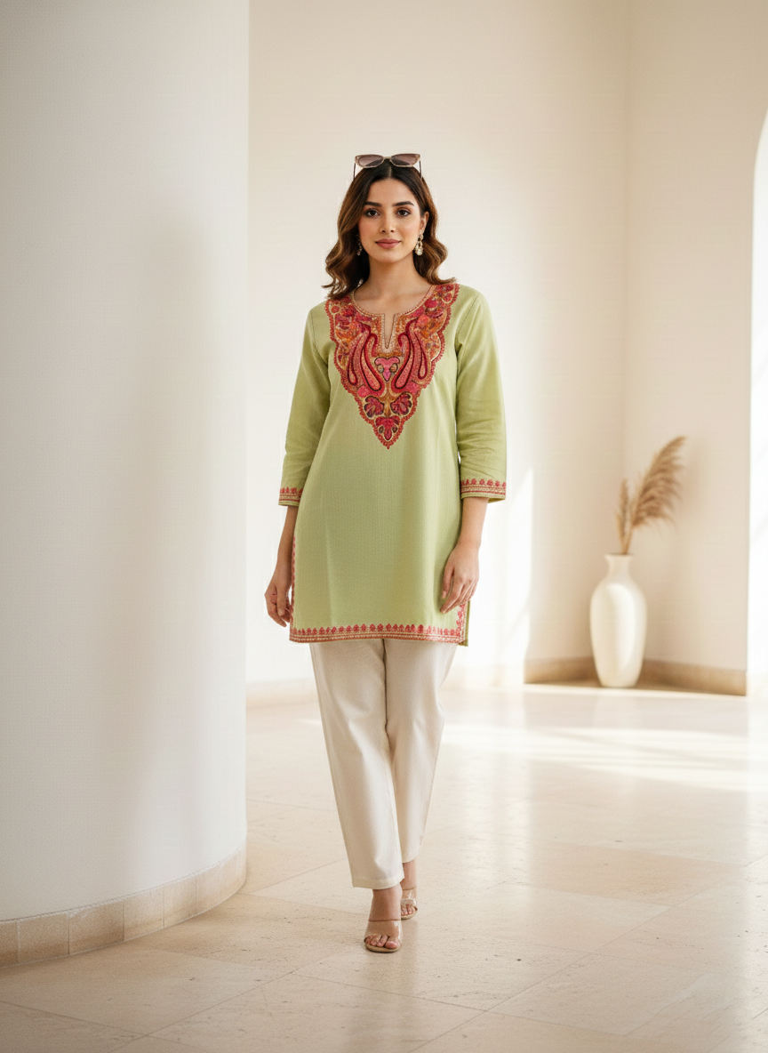 Pista Green and Pink Aari Embroidered Cotton Short Kurti