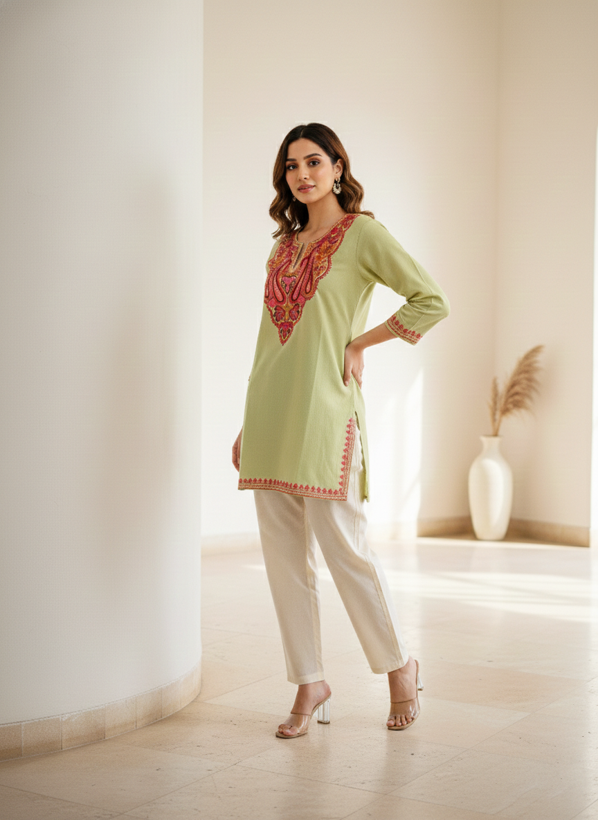 Pista Green and Pink Aari Embroidered Cotton Short Kurti