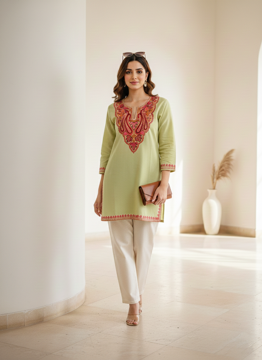 Pista Green and Pink Aari Embroidered Cotton Short Kurti