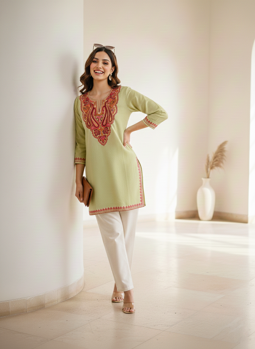 Pista Green and Pink Aari Embroidered Cotton Short Kurti