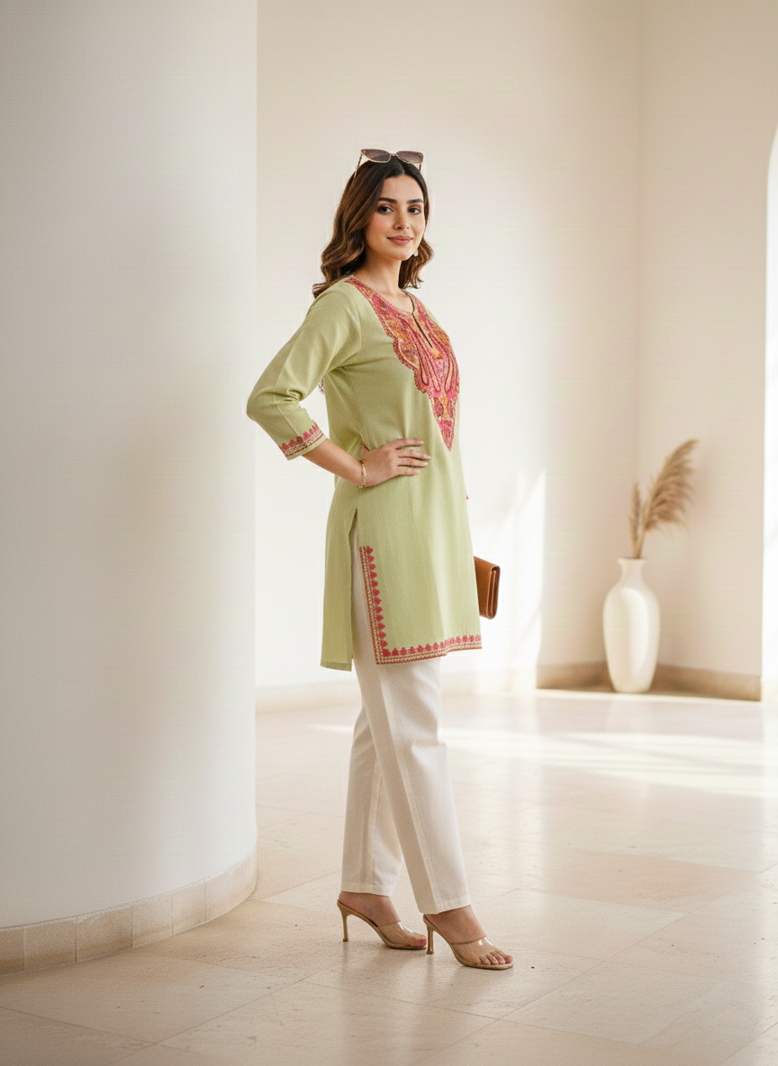 Pista Green and Pink Aari Embroidered Cotton Short Kurti