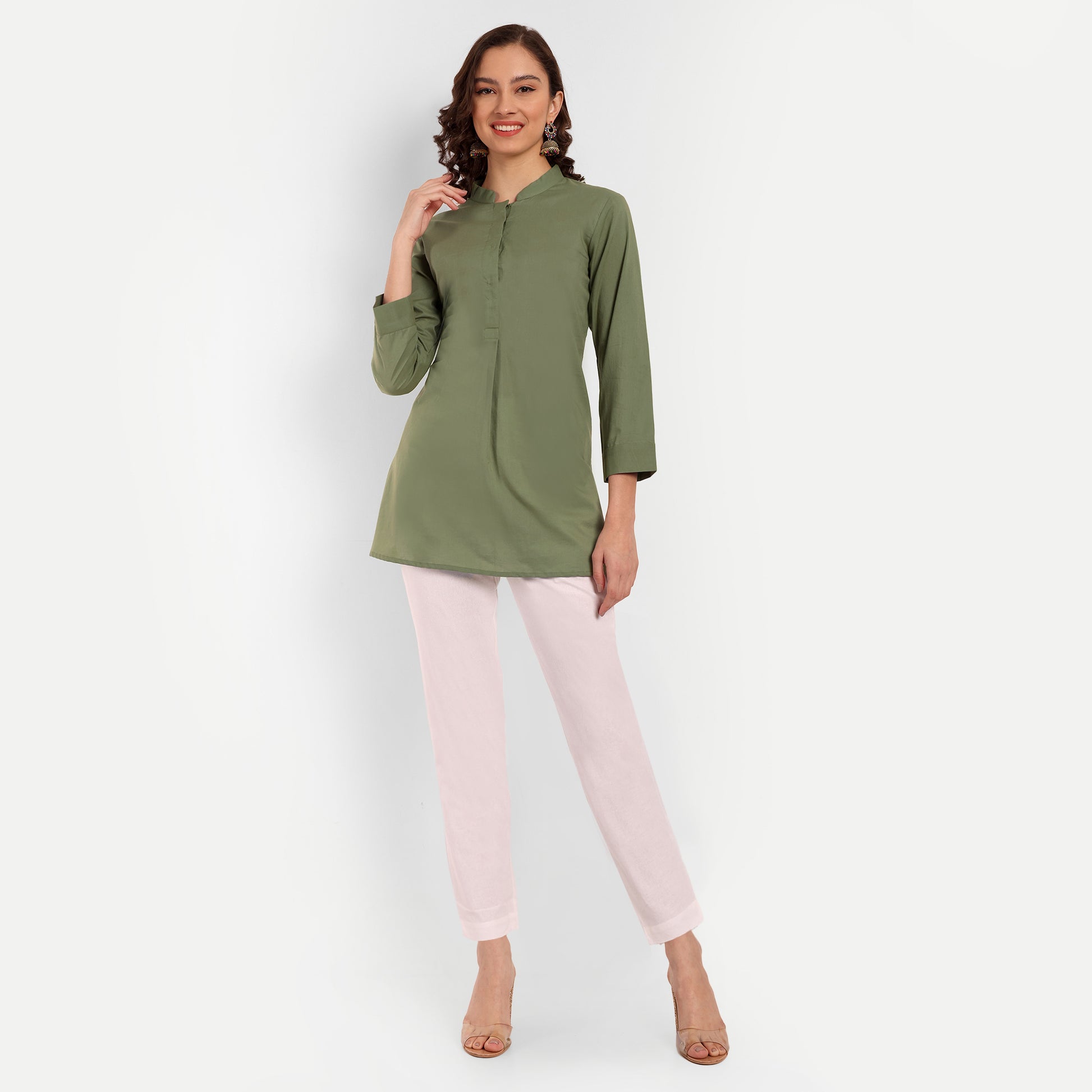  Pista Green Solid Straight Cotton Tunic  Stylish Look
