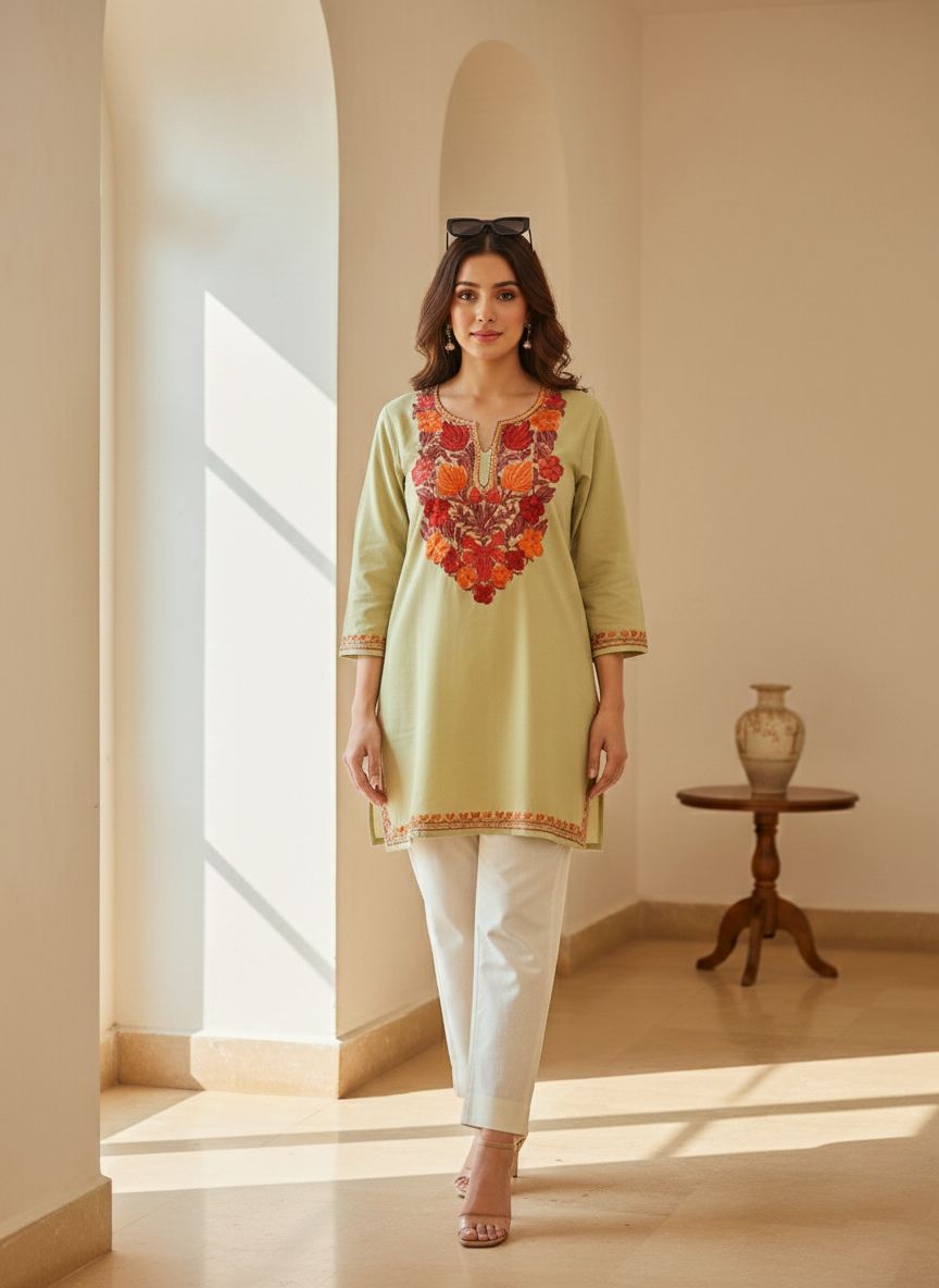 Pistachio Green and Rust Aari Embroidered Cotton Short Kurti