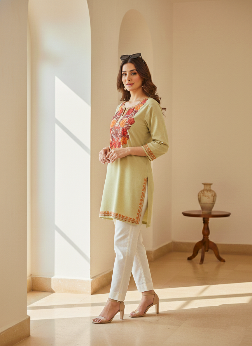 Pistachio Green and Rust Aari Embroidered Cotton Short Kurti