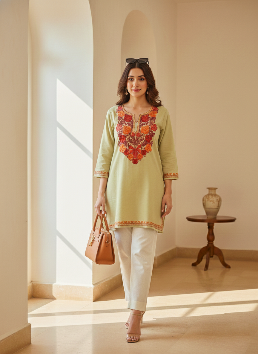 Pistachio Green and Rust Aari Embroidered Cotton Short Kurti