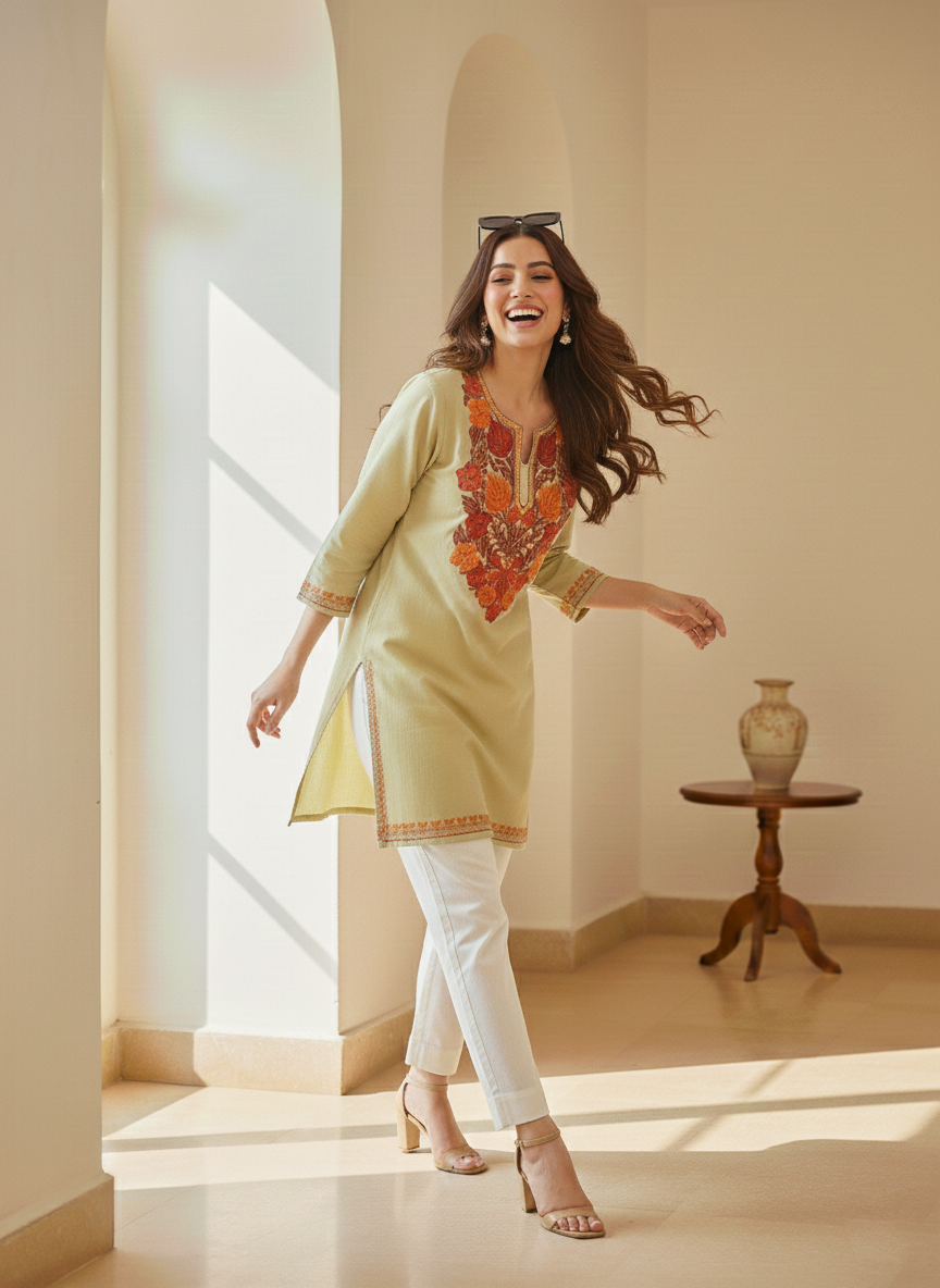 Pistachio Green and Rust Aari Embroidered Cotton Short Kurti