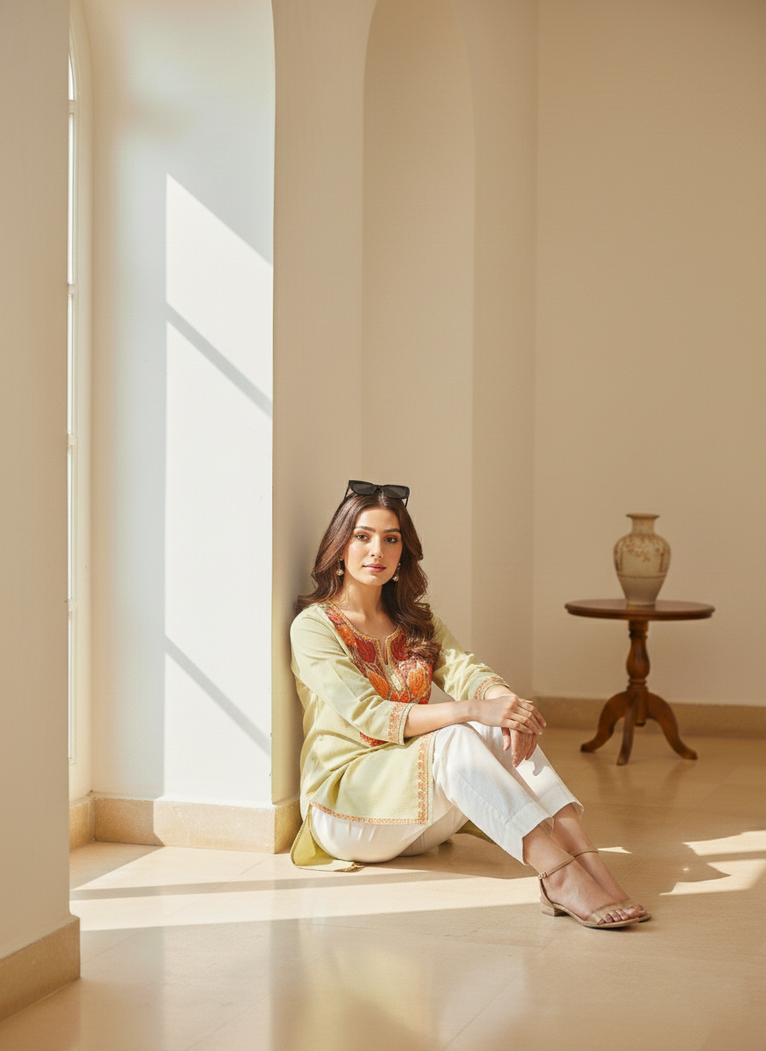 Pistachio Green and Rust Aari Embroidered Cotton Short Kurti