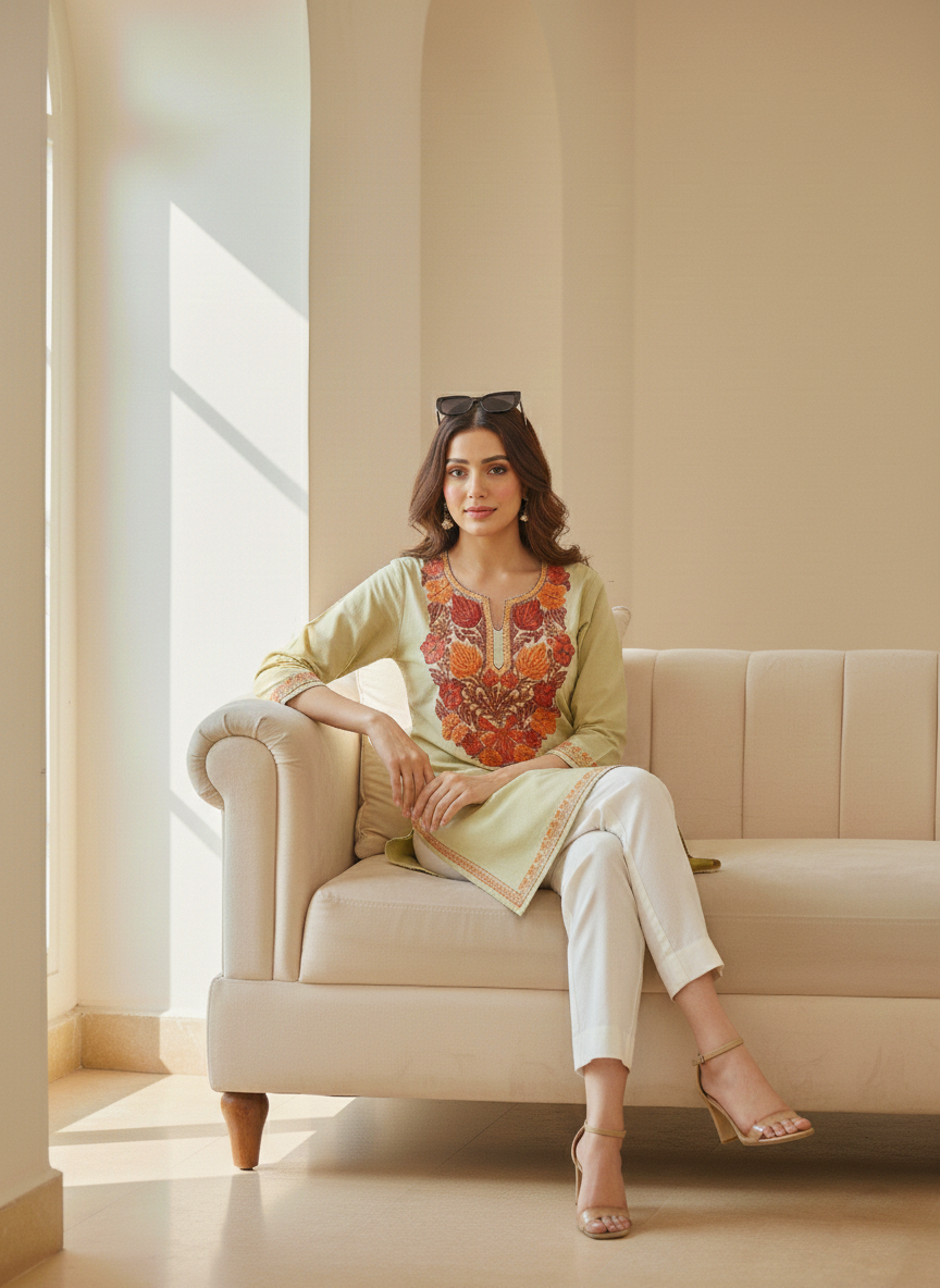 Pistachio Green and Rust Aari Embroidered Cotton Short Kurti