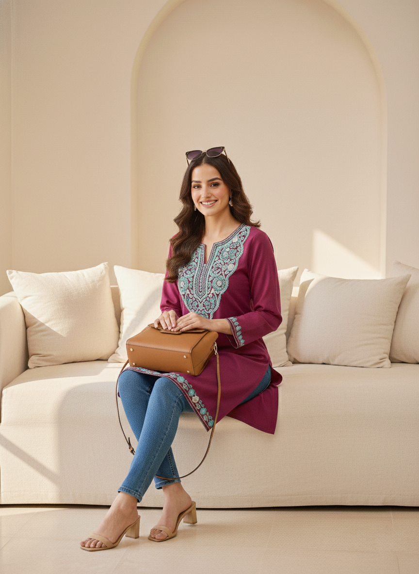 Plum Wine and Aqua Aari Embroidered Cotton Short Kurti