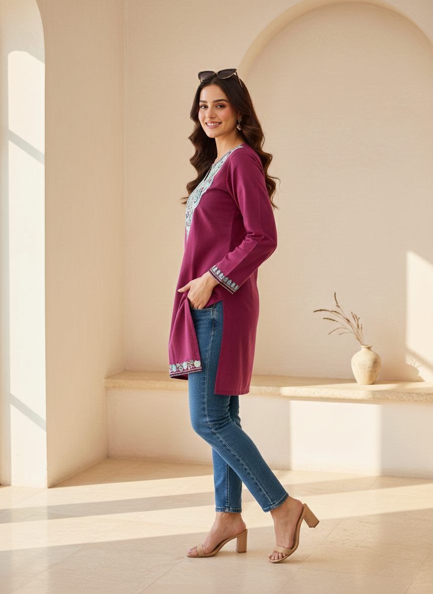 Plum Wine and Aqua Aari Embroidered Cotton Short Kurti