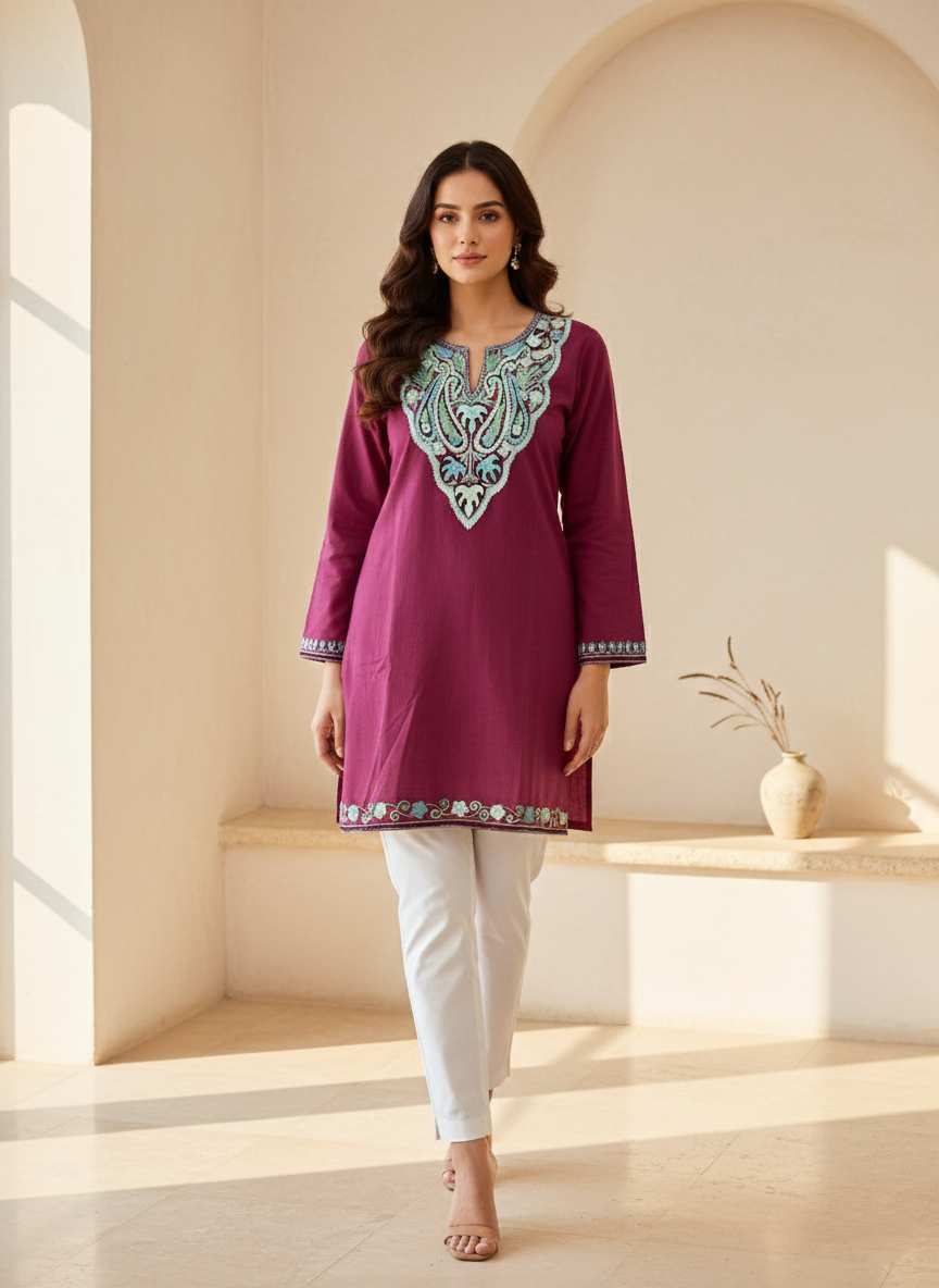 Plum Wine and Aqua Aari Embroidered Cotton Short Kurti