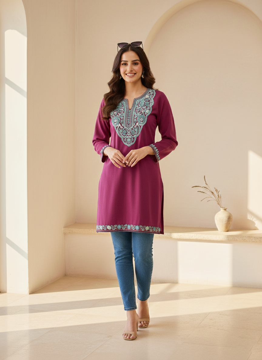 Plum Wine and Aqua Aari Embroidered Cotton Short Kurti