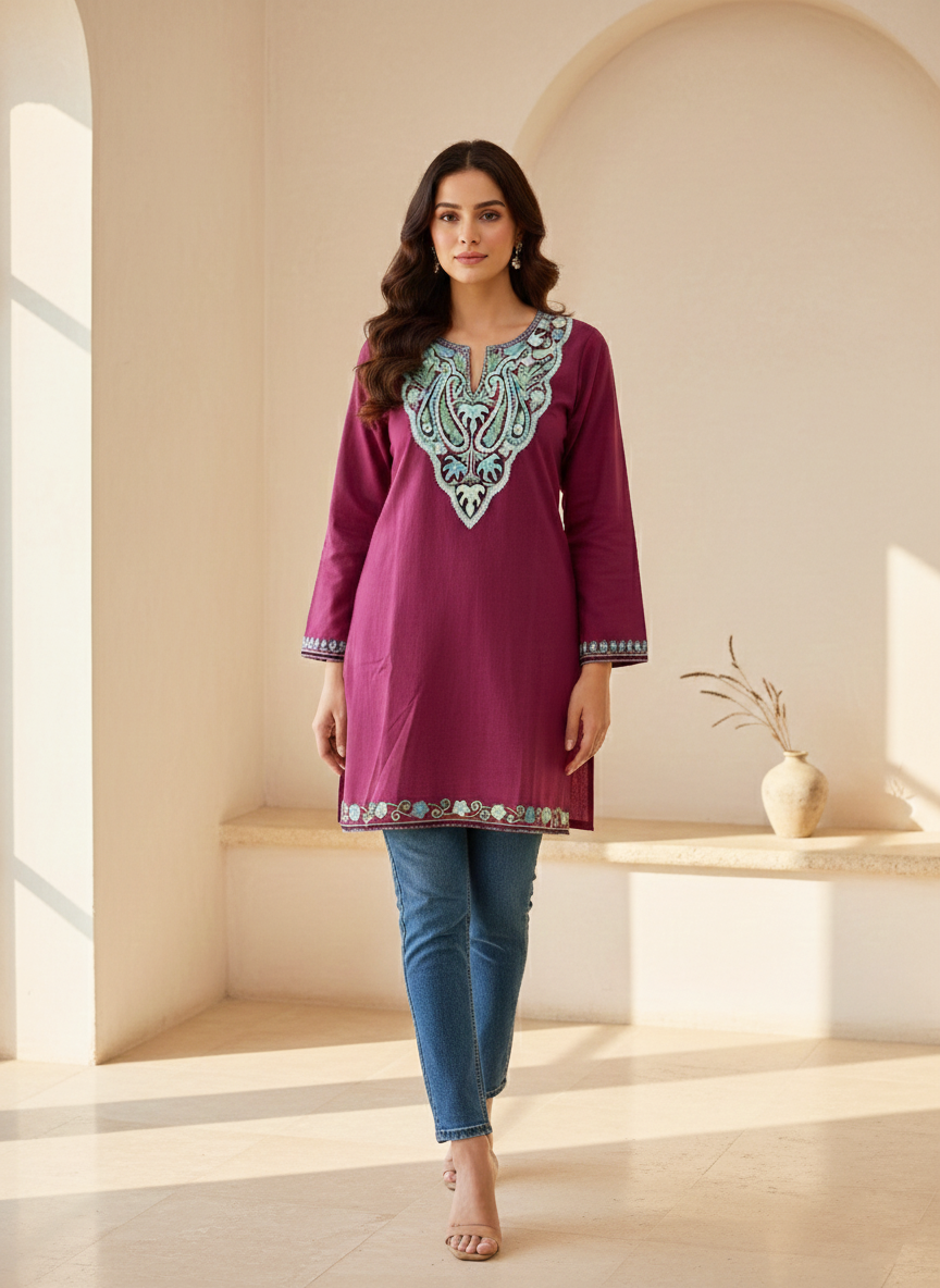 Plum Wine and Aqua Aari Embroidered Cotton Short Kurti