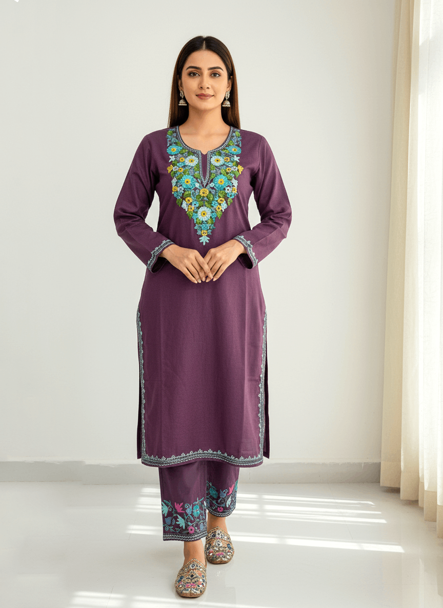Plum Purple Aari Embroidered Kashmiri Co-ord set