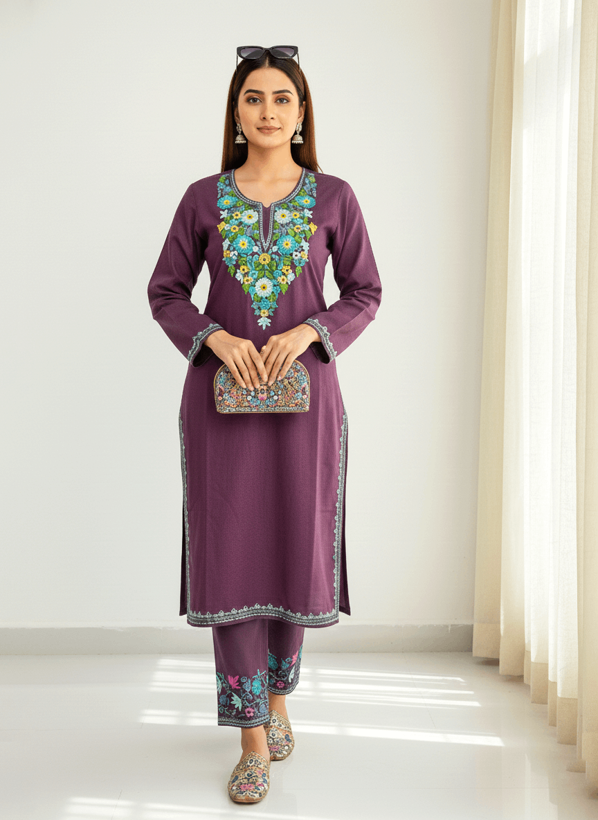 Plum Purple Aari Embroidered Kashmiri Co-ord set