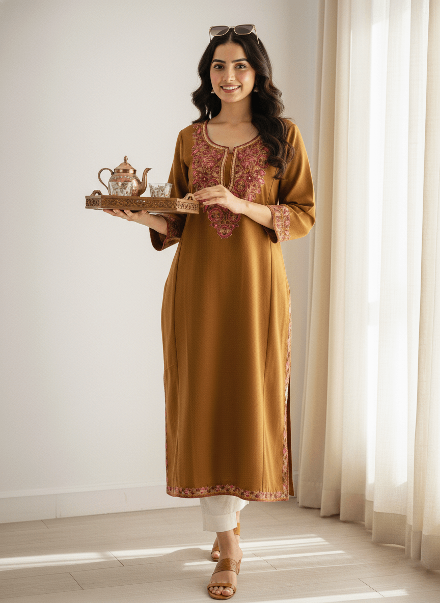 Rang-e-Mustard Aari-Tilla Embroidered Kashmiri Pheran
