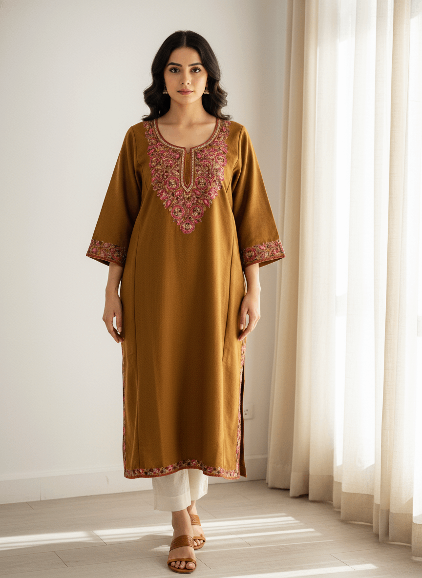 Rang-e-Mustard Aari-Tilla Embroidered Kashmiri Pheran
