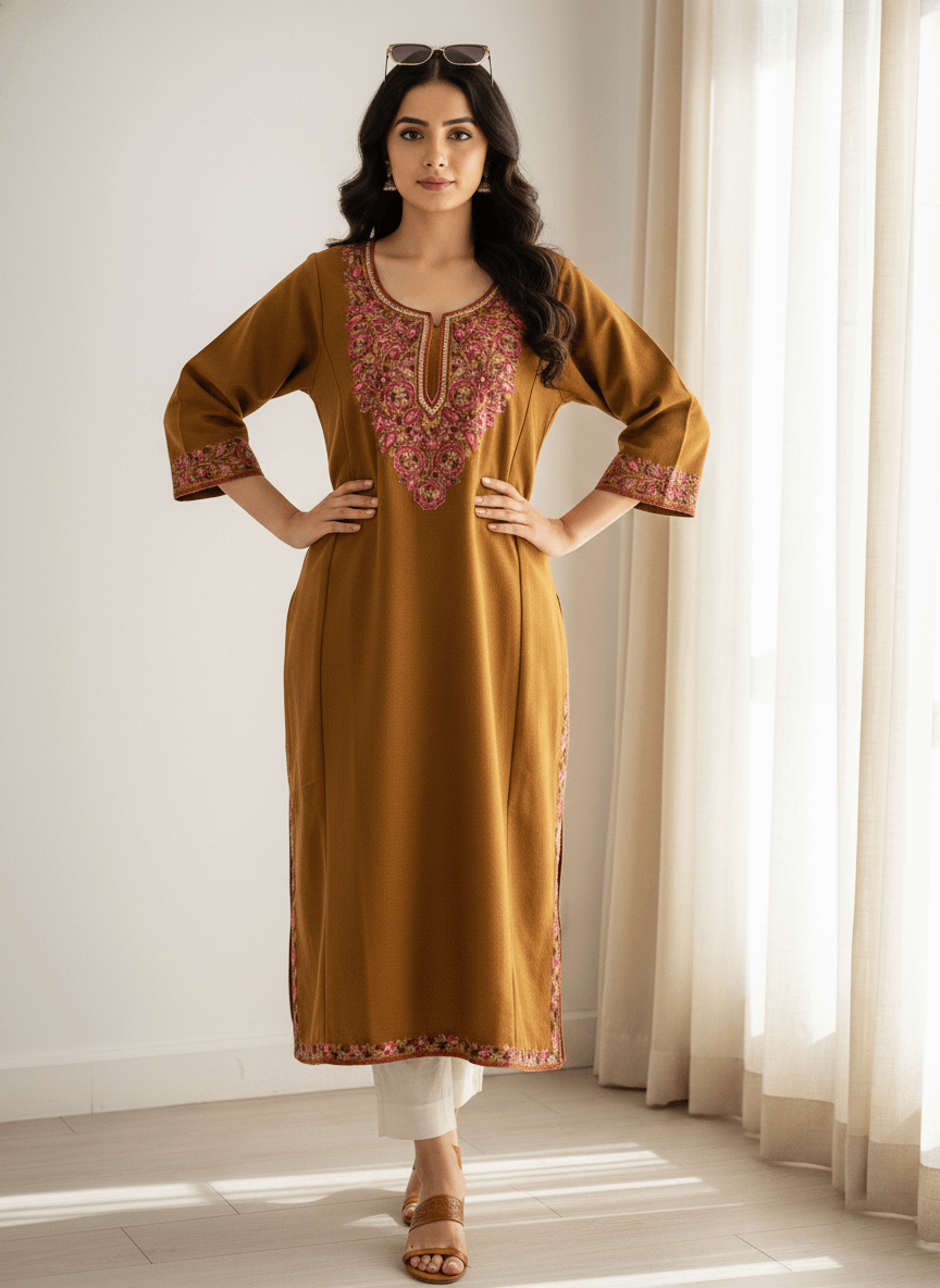 Rang-e-Mustard Aari-Tilla Embroidered Kashmiri Pheran