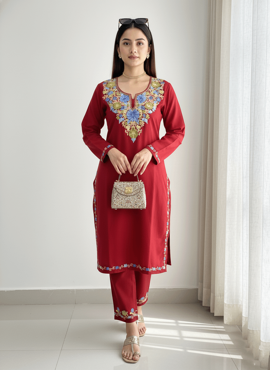 Red Floral Aari Embroidered Kashmiri Co-ord set