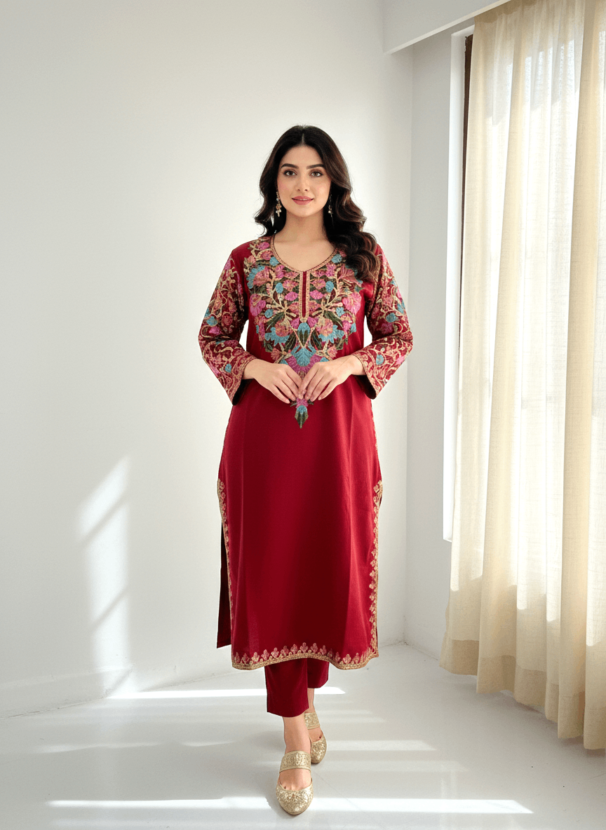 Red Floral Aari Embroidered Kashmiri Pheran