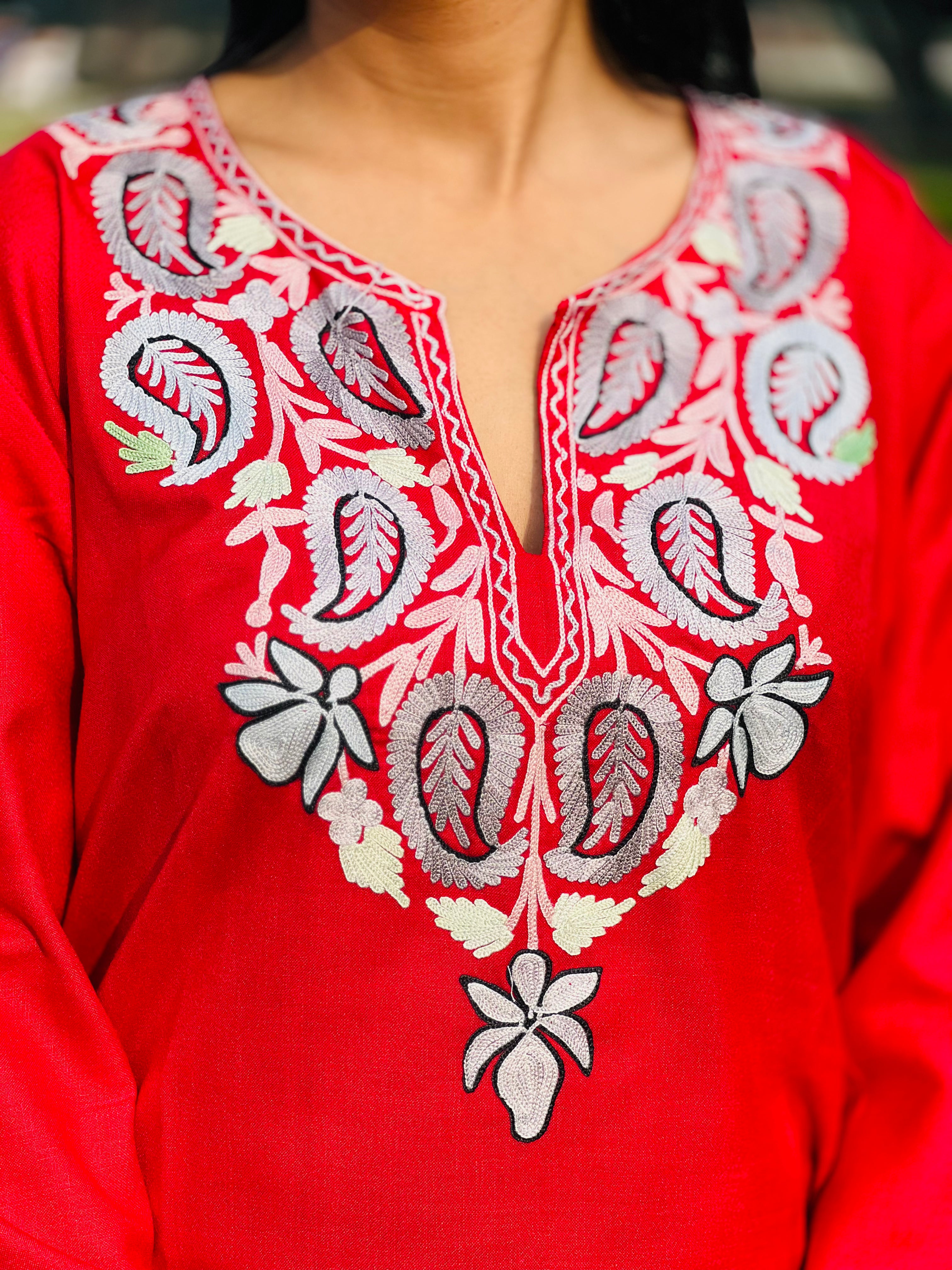  Red Embroidered Cotton Straight Kurti For Women