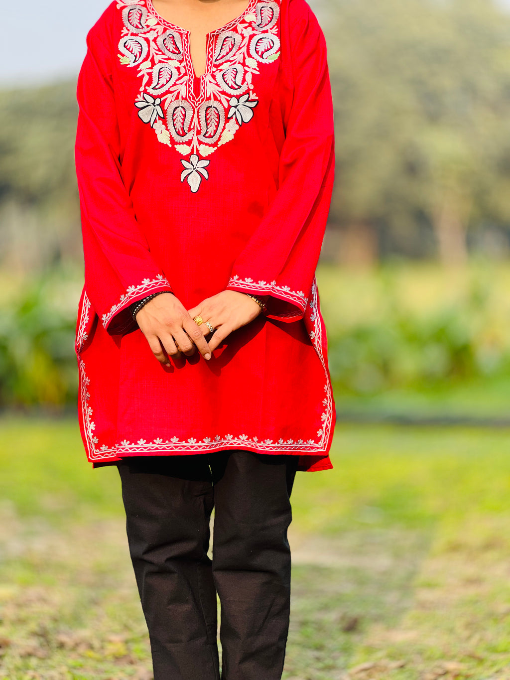  Red Thread Work Cotton Straight Kurti 