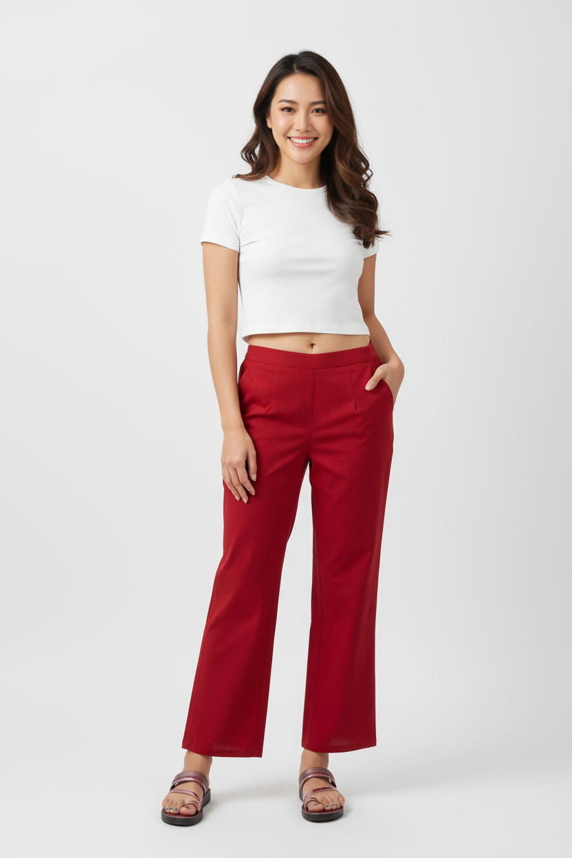 Red Women Wide Leg Cotton Pant