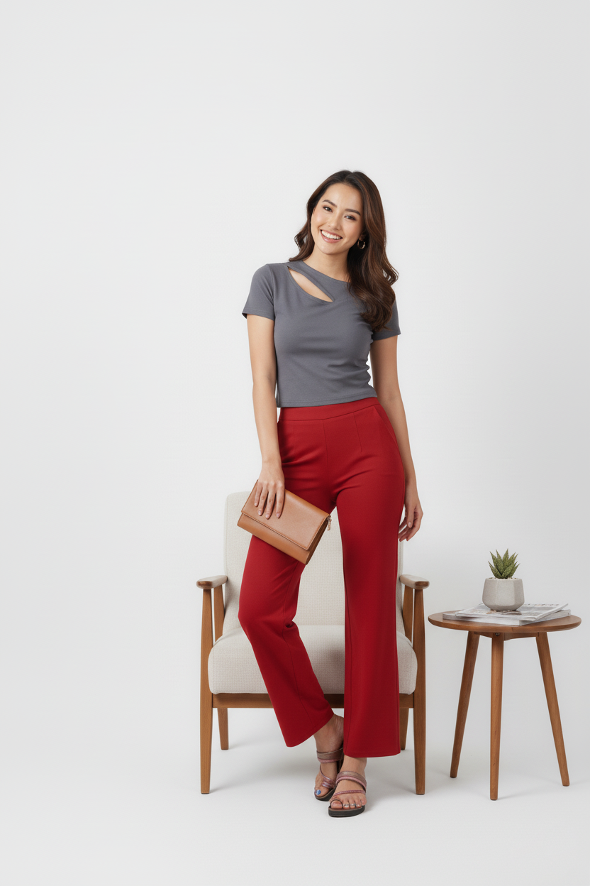 Red Women Wide Leg Cotton Pant