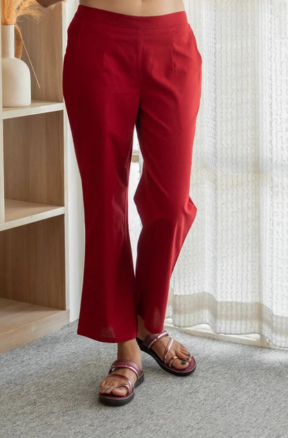 Red Women Wide Leg Cotton Pant