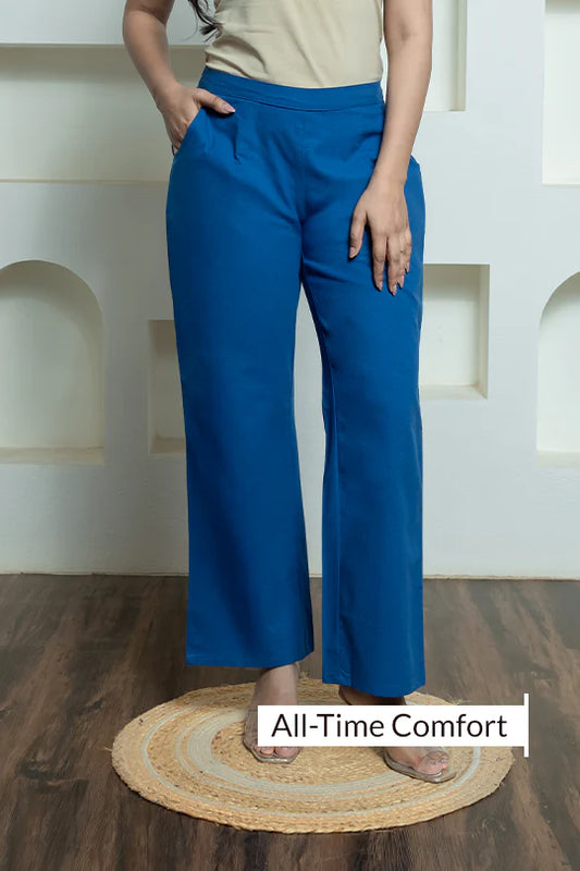 Royal Blue Women Wide Leg Cotton Pant