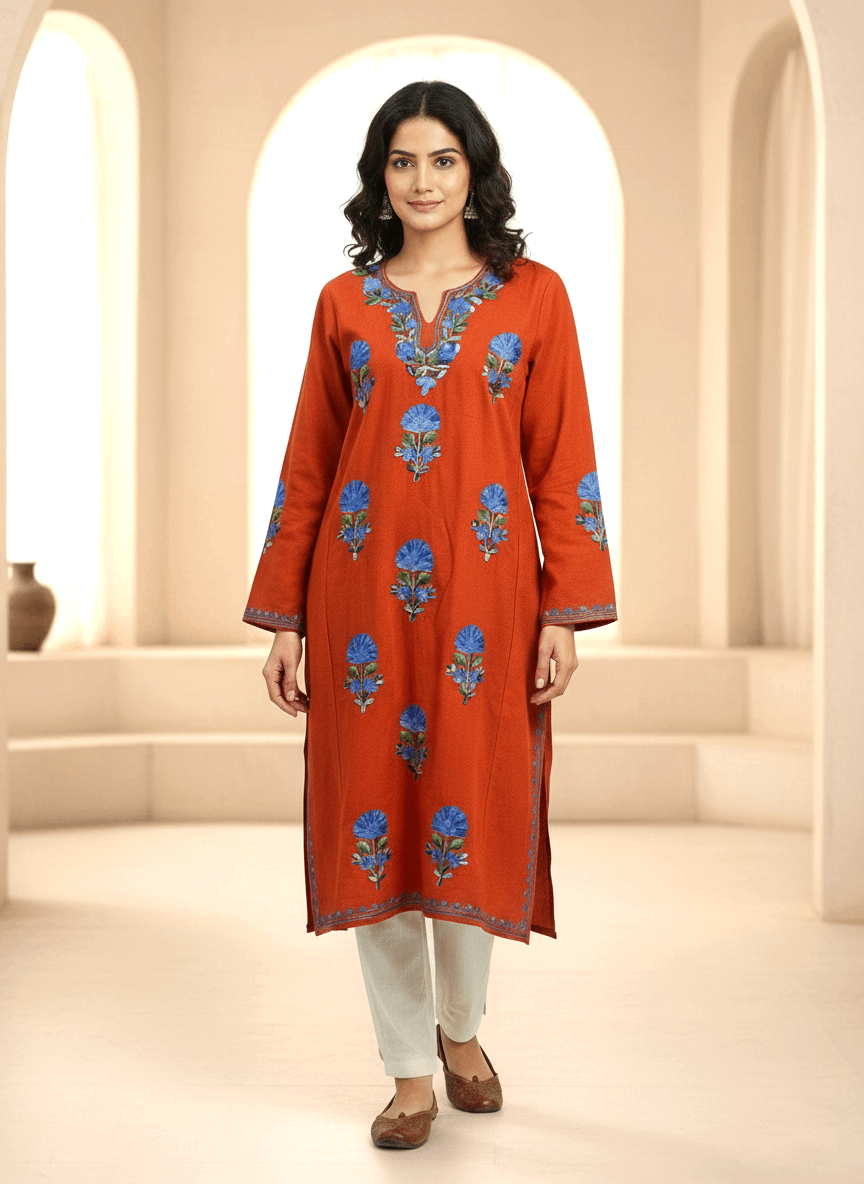 Rust Brown & Blue Embroidered Kashmiri Pheran