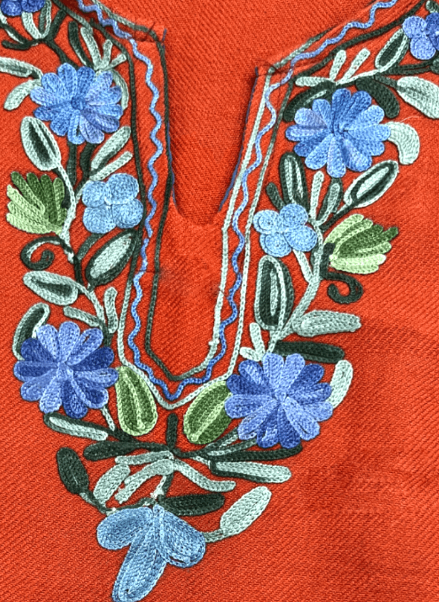 Rust Brown & Blue Embroidered Kashmiri Pheran