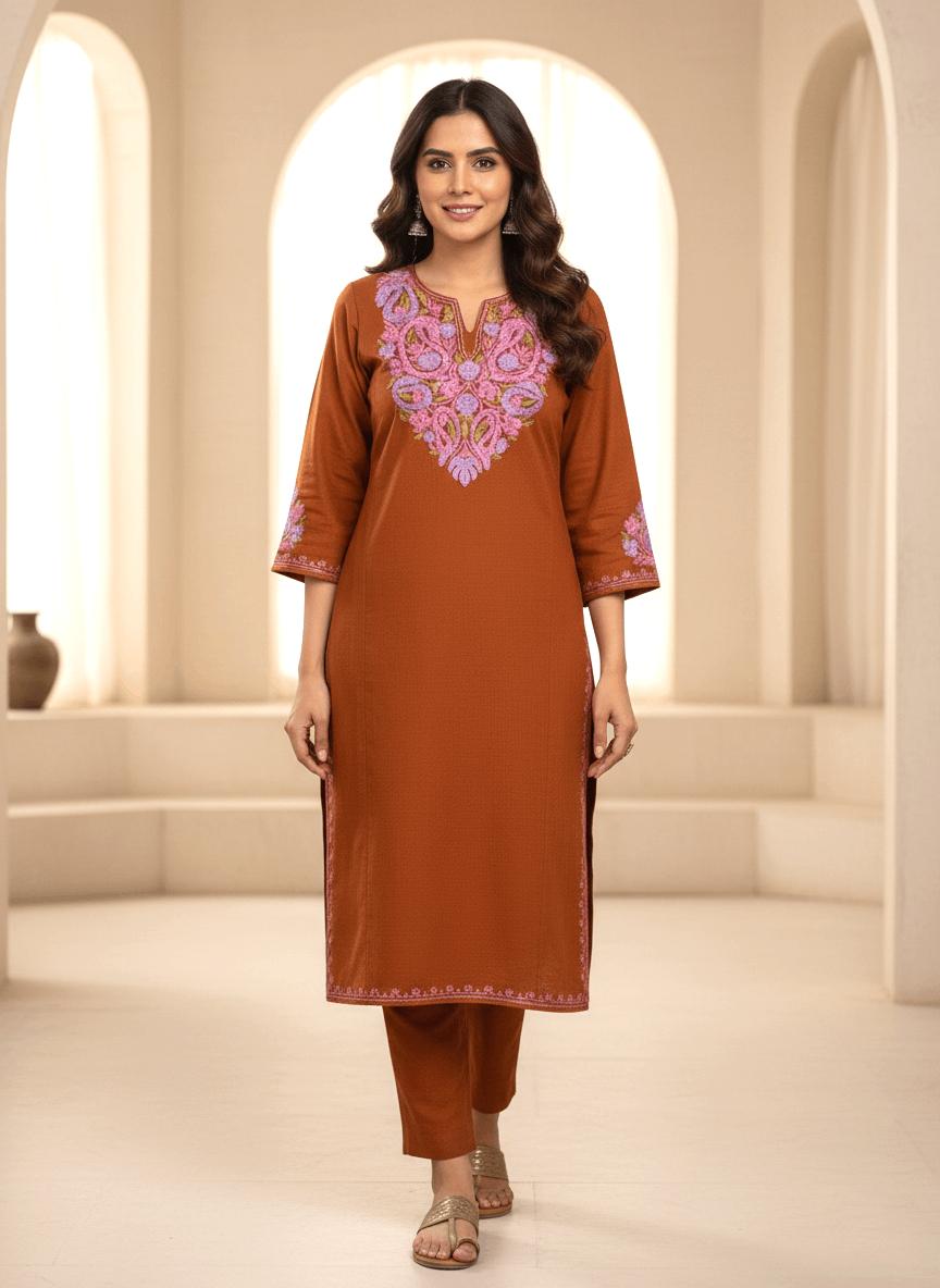 Rust Brown & Purple Embroidered Kashmiri Pheran