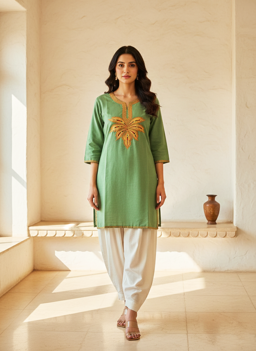 Sage Green Tilla Embroidered Cotton Short Kurti