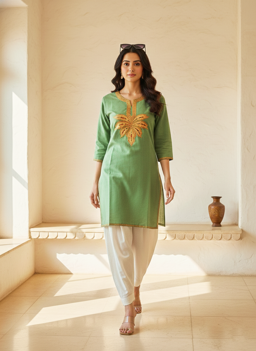 Sage Green Tilla Embroidered Cotton Short Kurti