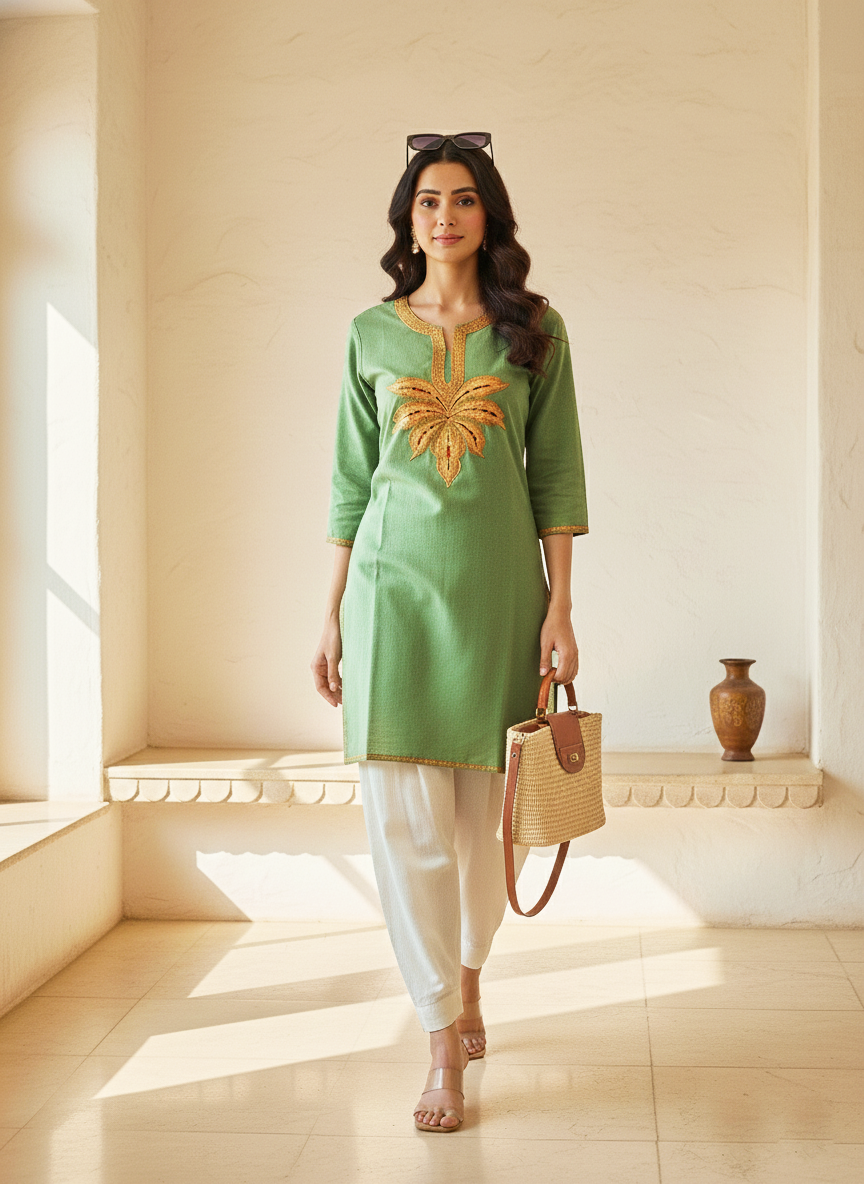 Sage Green Tilla Embroidered Cotton Short Kurti