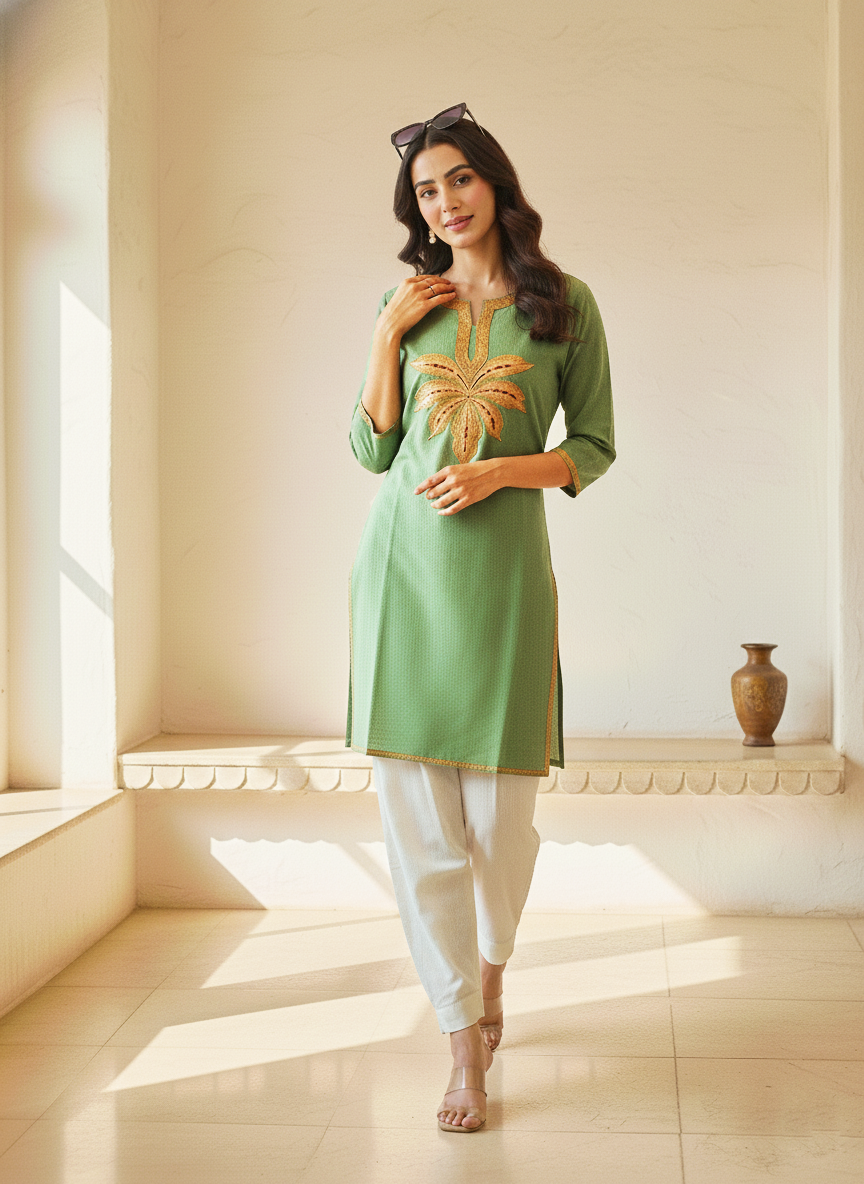 Sage Green Tilla Embroidered Cotton Short Kurti