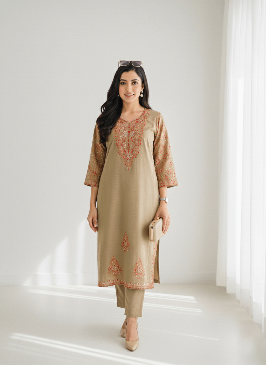 Sand Beige Aari–Tilla Embroidered Kashmiri Pheran