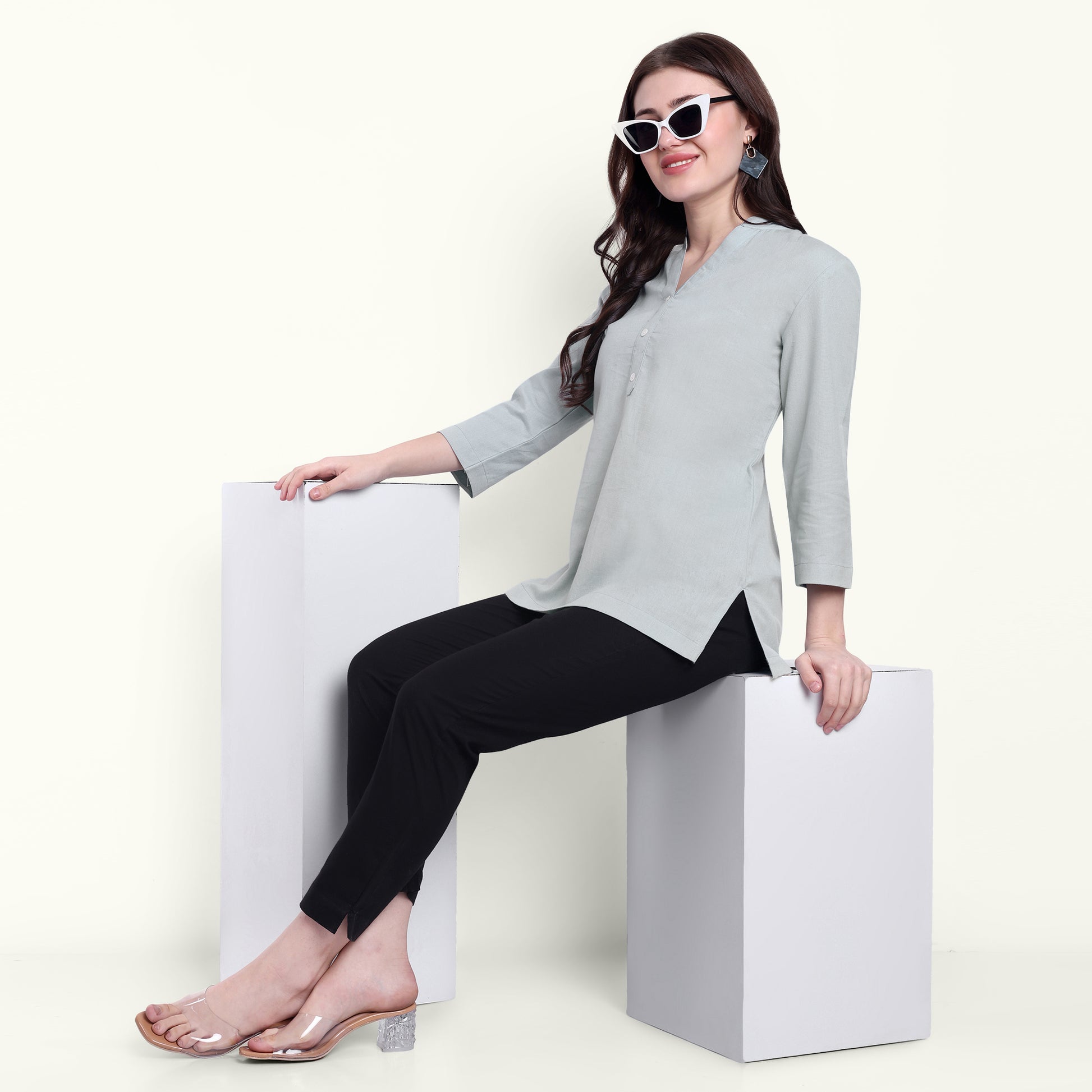  Sky Blue Airy Linen Short Kurti Stylish Look For Women