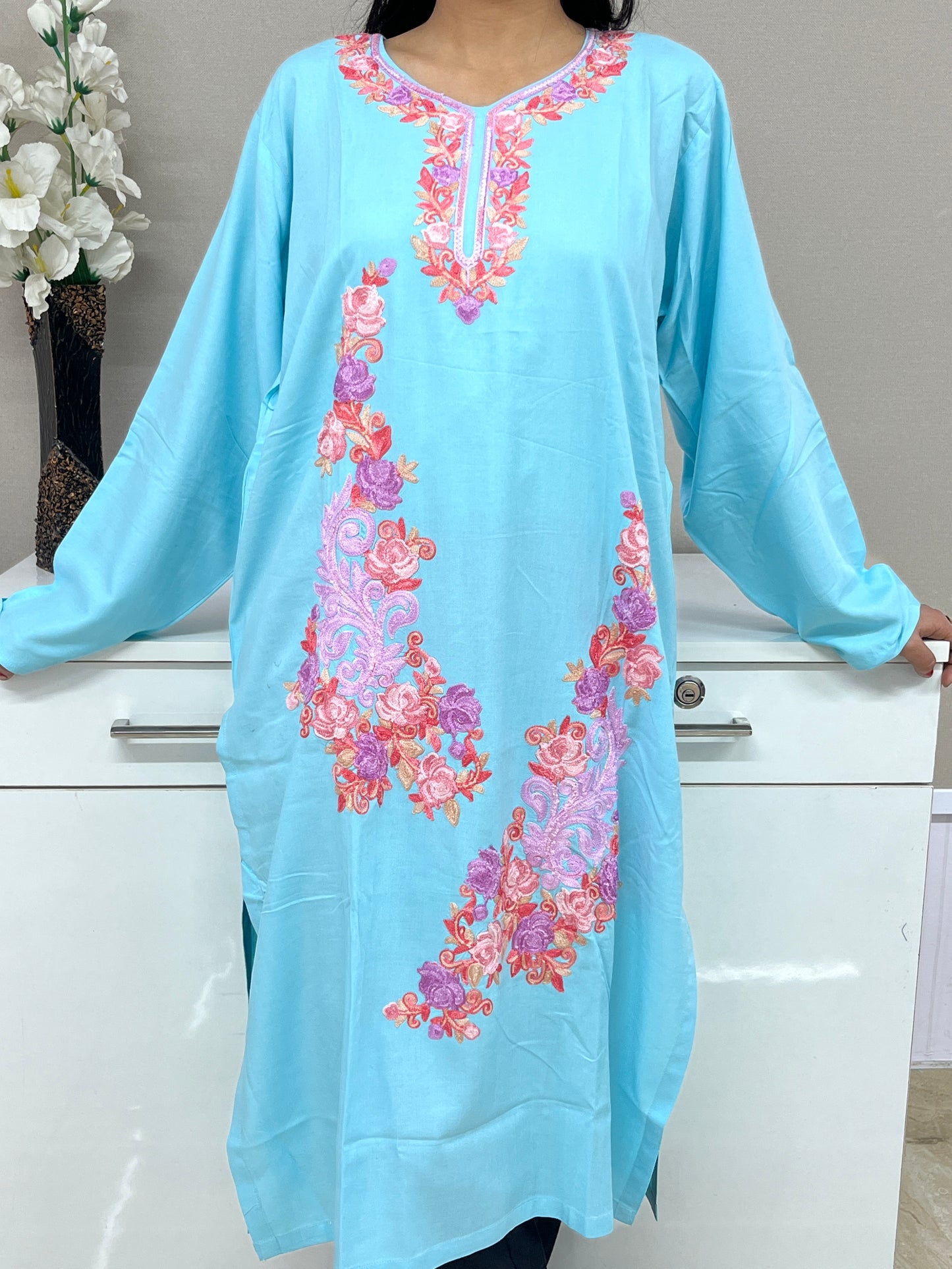  Sky Blue Embroidered Thread Work Rayon Straight Kurti Fo Women
