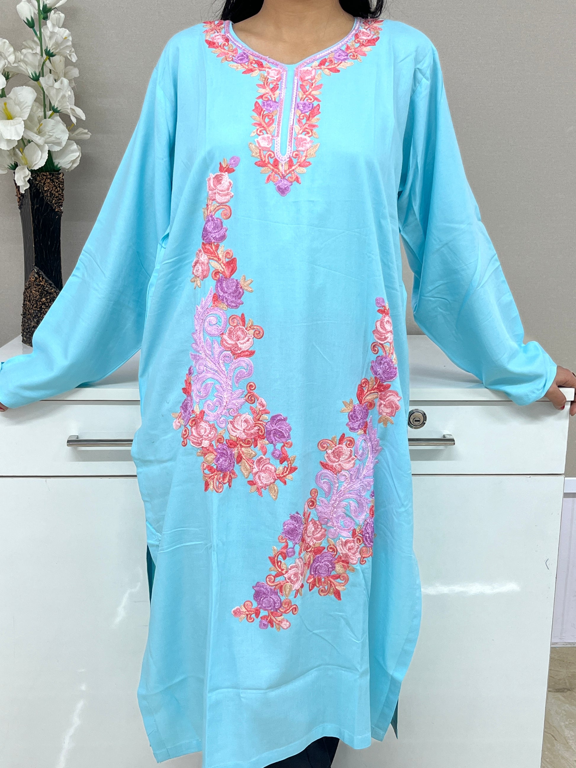  Sky Blue Embroidered Thread Work Rayon Straight Kurti Fo Women