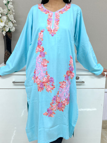  Sky Blue Embroidered Thread Work Rayon Straight Kurti Fo Women