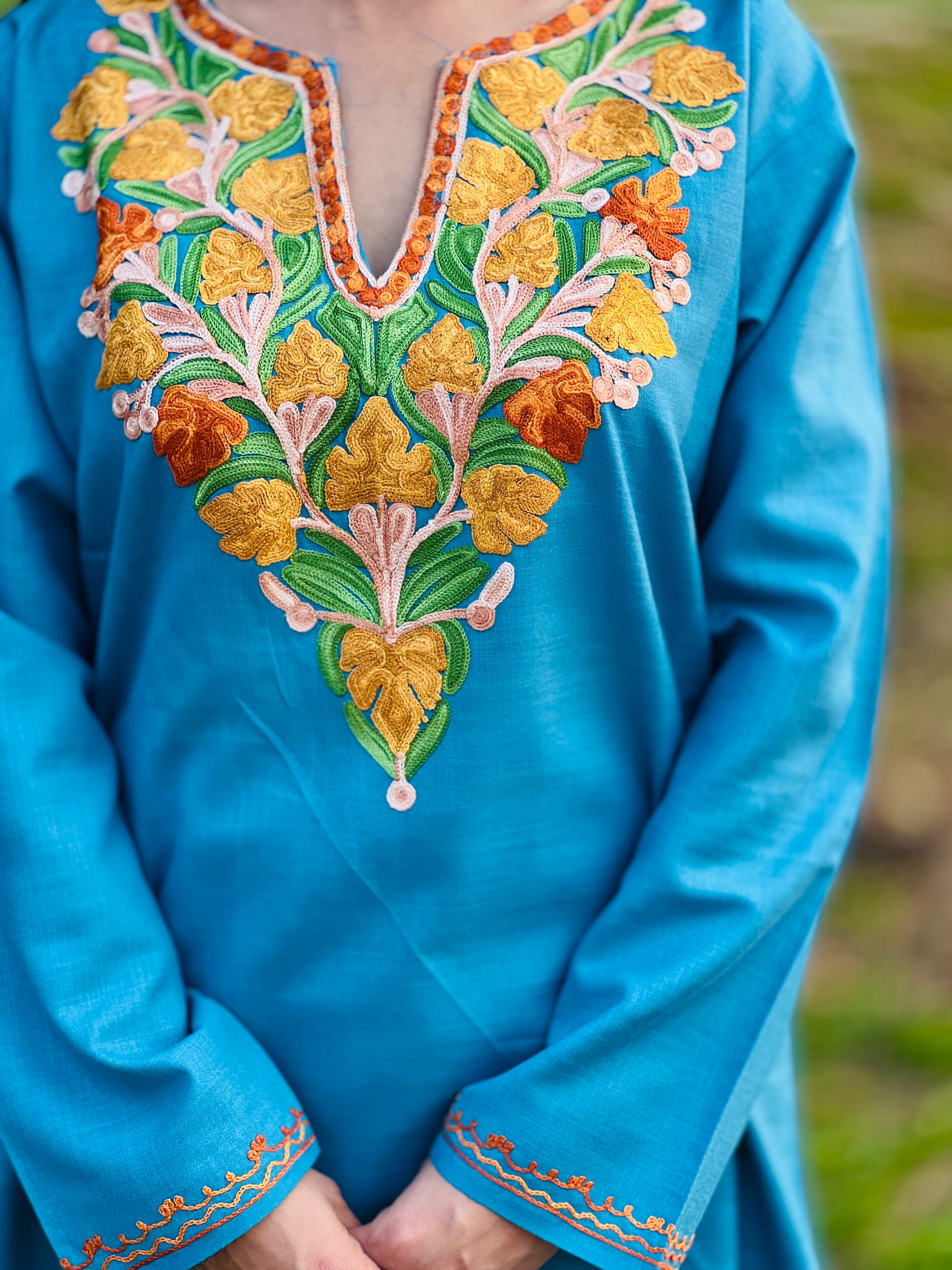 Sky Blue With Yellow Thread Work Cotton Straight Kurti For Women