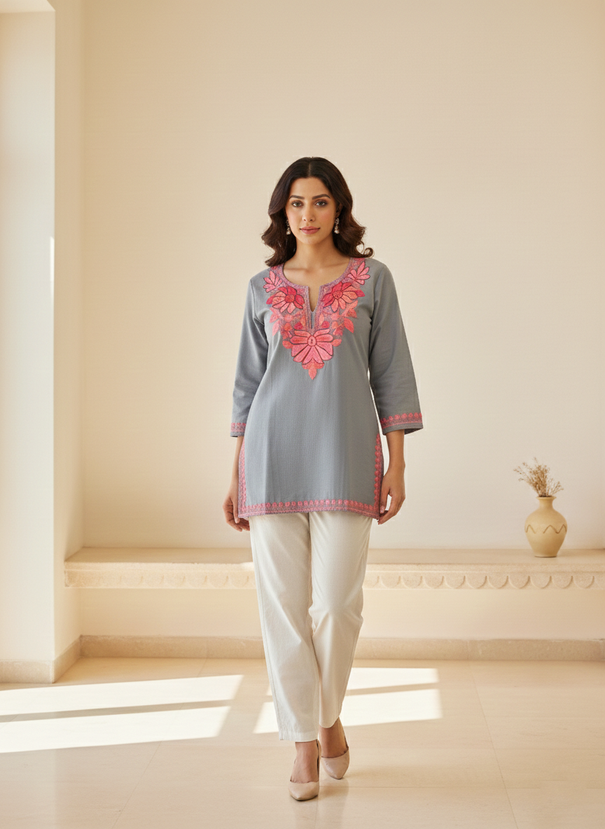 Slate Grey and Pink Aari Embroidered Cotton Short Kurti