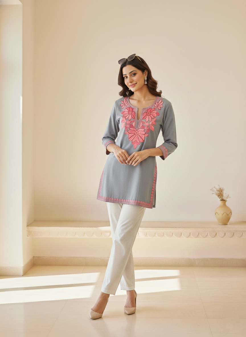 Slate Grey and Pink Aari Embroidered Cotton Short Kurti