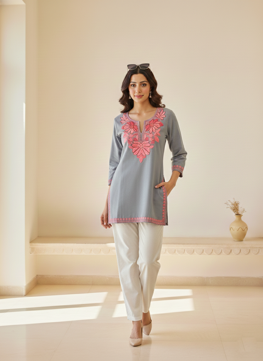 Slate Grey and Pink Aari Embroidered Cotton Short Kurti