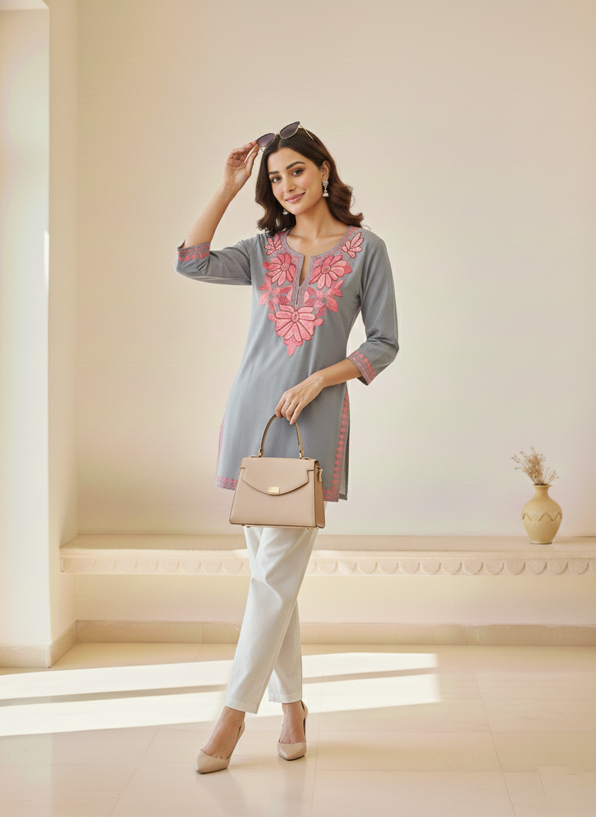 Slate Grey and Pink Aari Embroidered Cotton Short Kurti