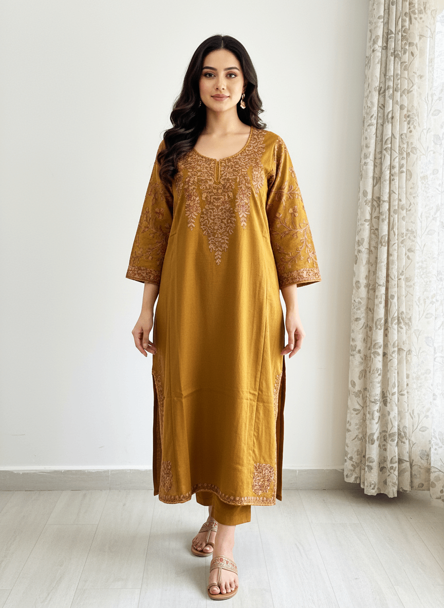 Sunehri Mustard Aari-Embroidered Kashmiri Pheran