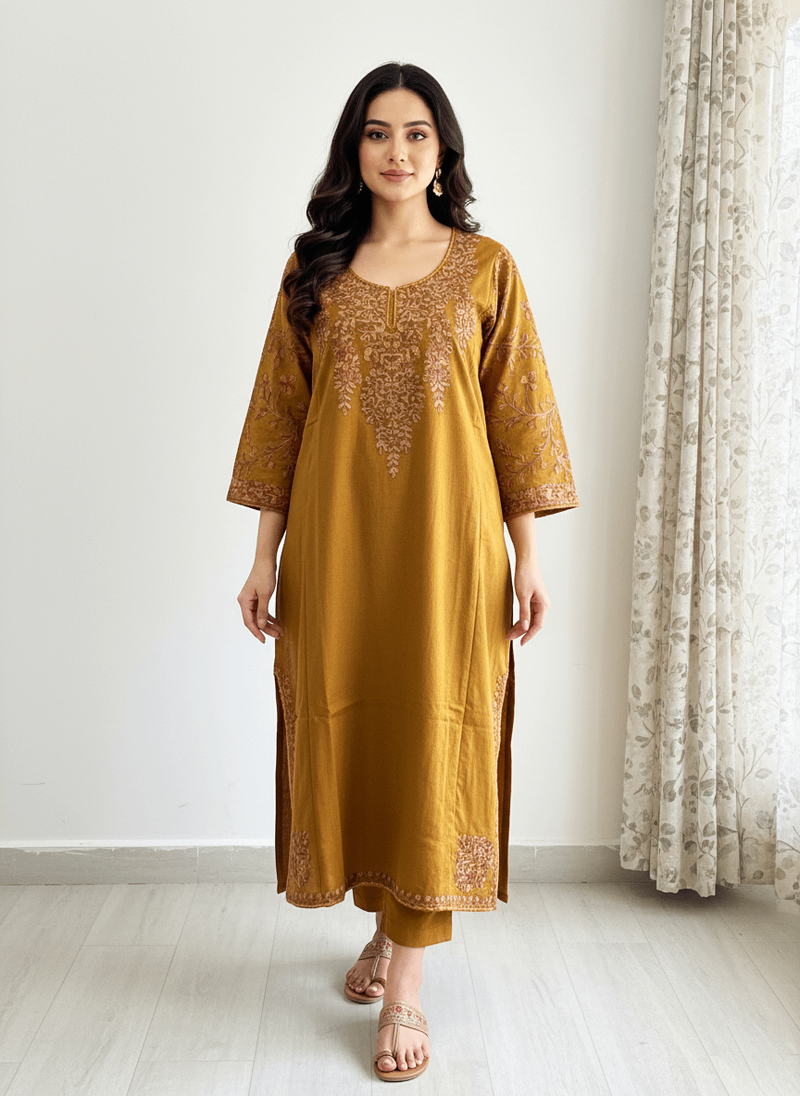 Sunehri Mustard Aari-Embroidered Kashmiri Pheran