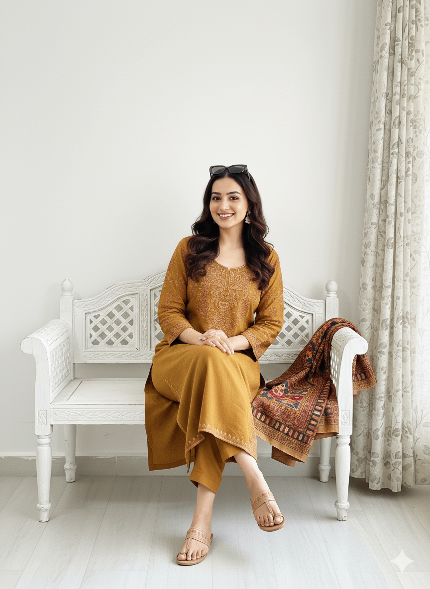 Sunehri Mustard Aari-Embroidered Kashmiri Pheran